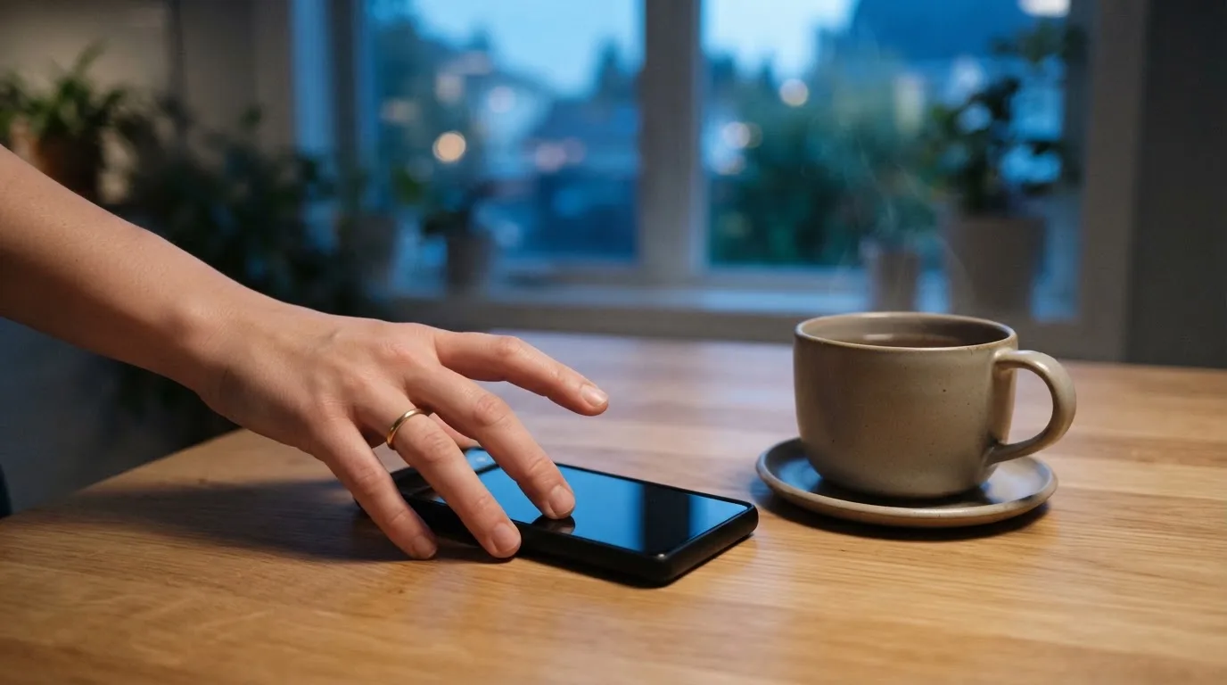 A hand setting a smartphone down beside a cup of tea on a kitchen table on a quiet evening