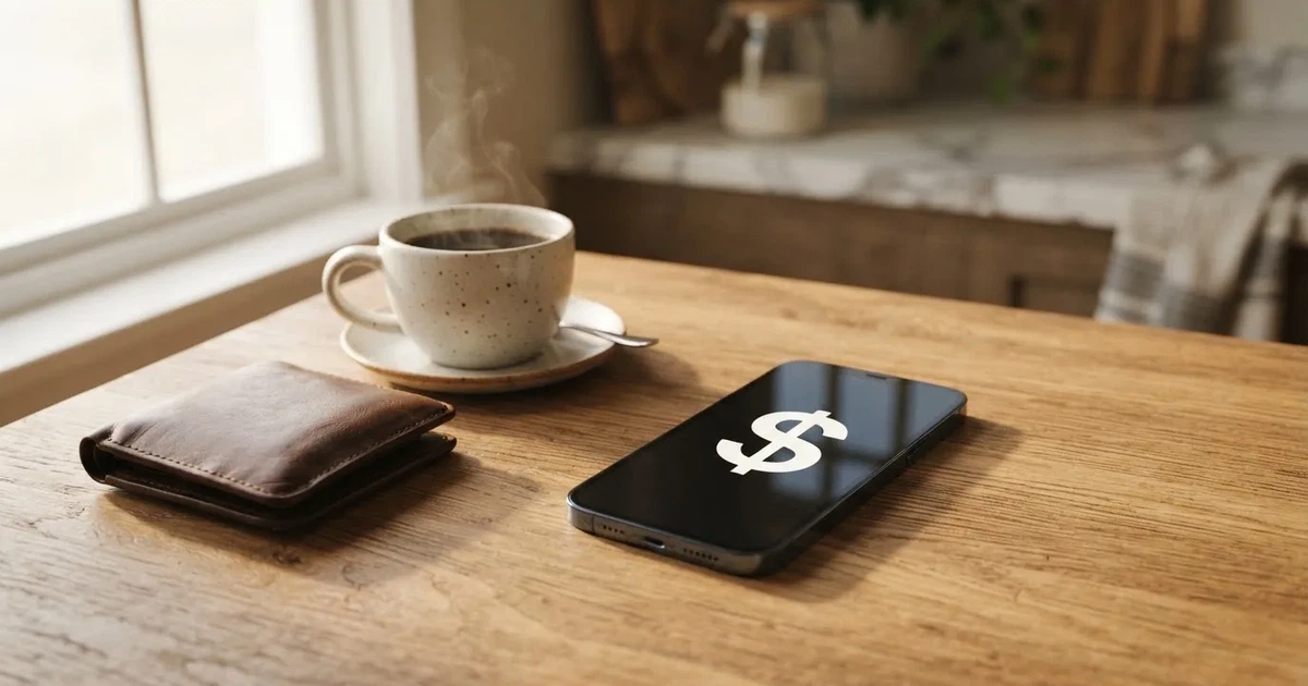 A smartphone on a wooden table beside a wallet and a coffee cup