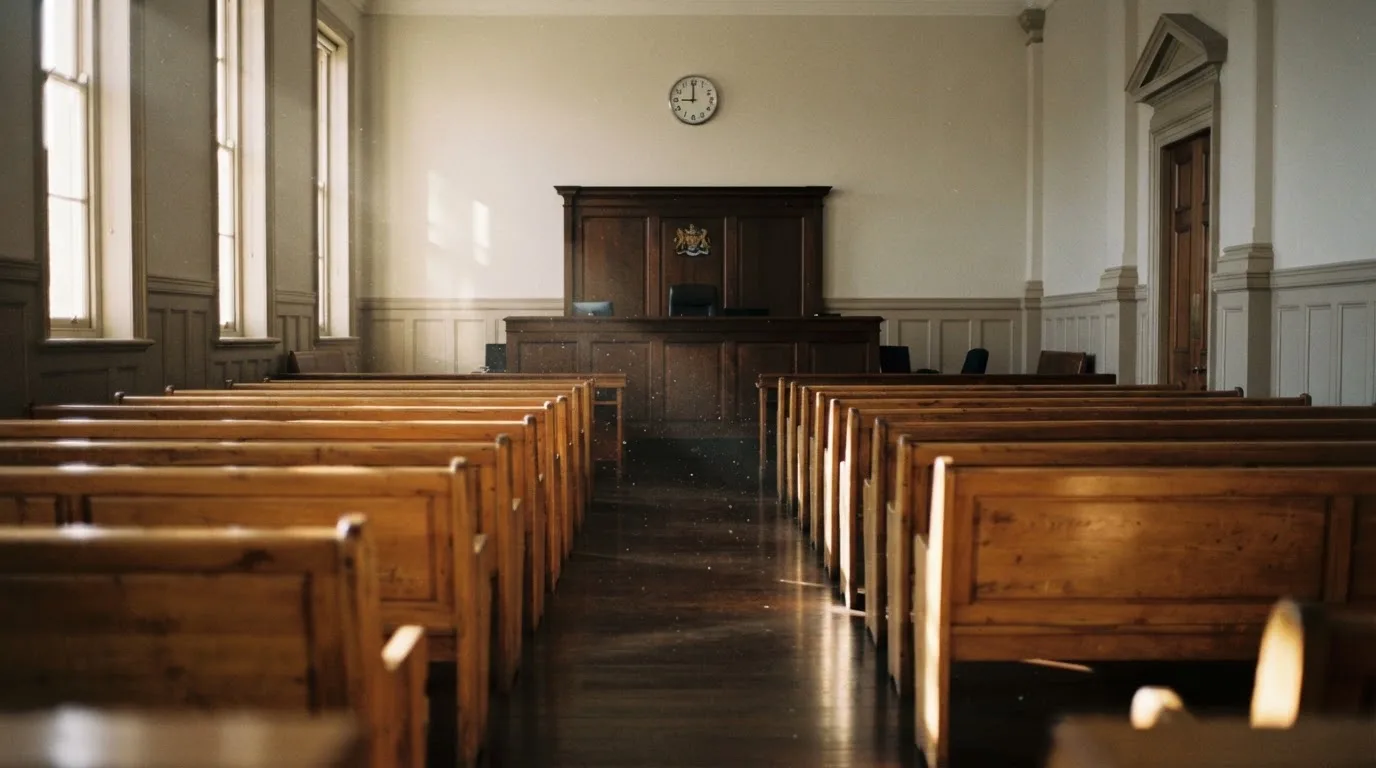 An empty courtroom with wooden benches in morning light