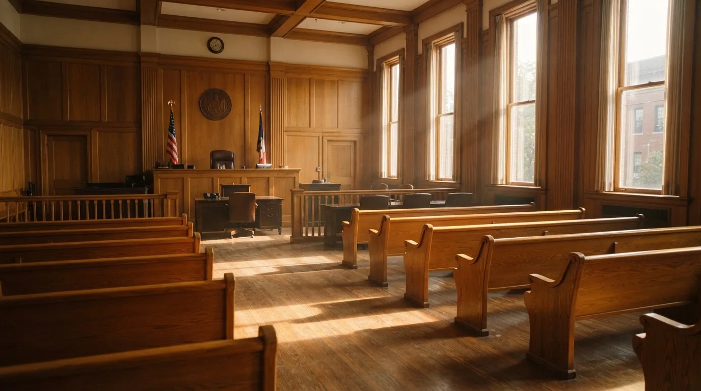 An empty courtroom with wooden benches in morning light